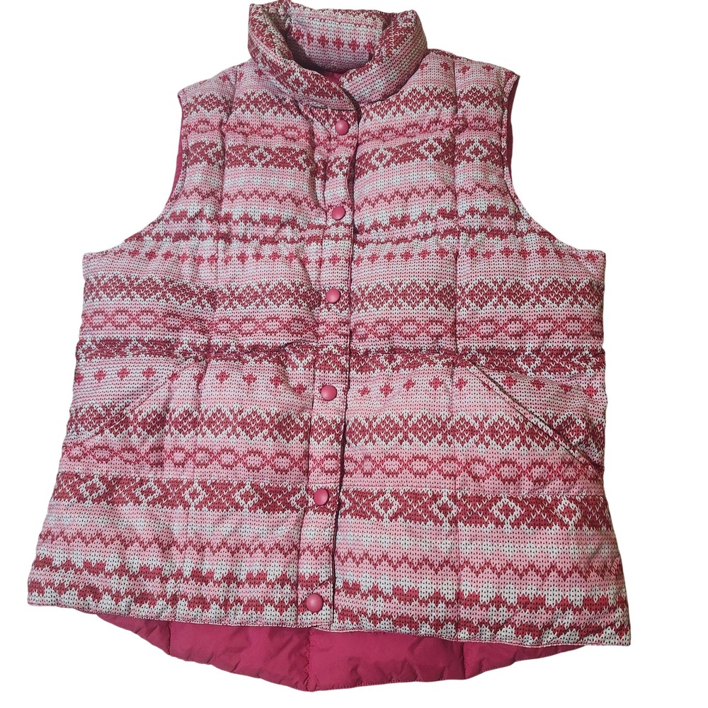Lands End Puffer Vest Red Pink Fair‎ Isle Women's Medium